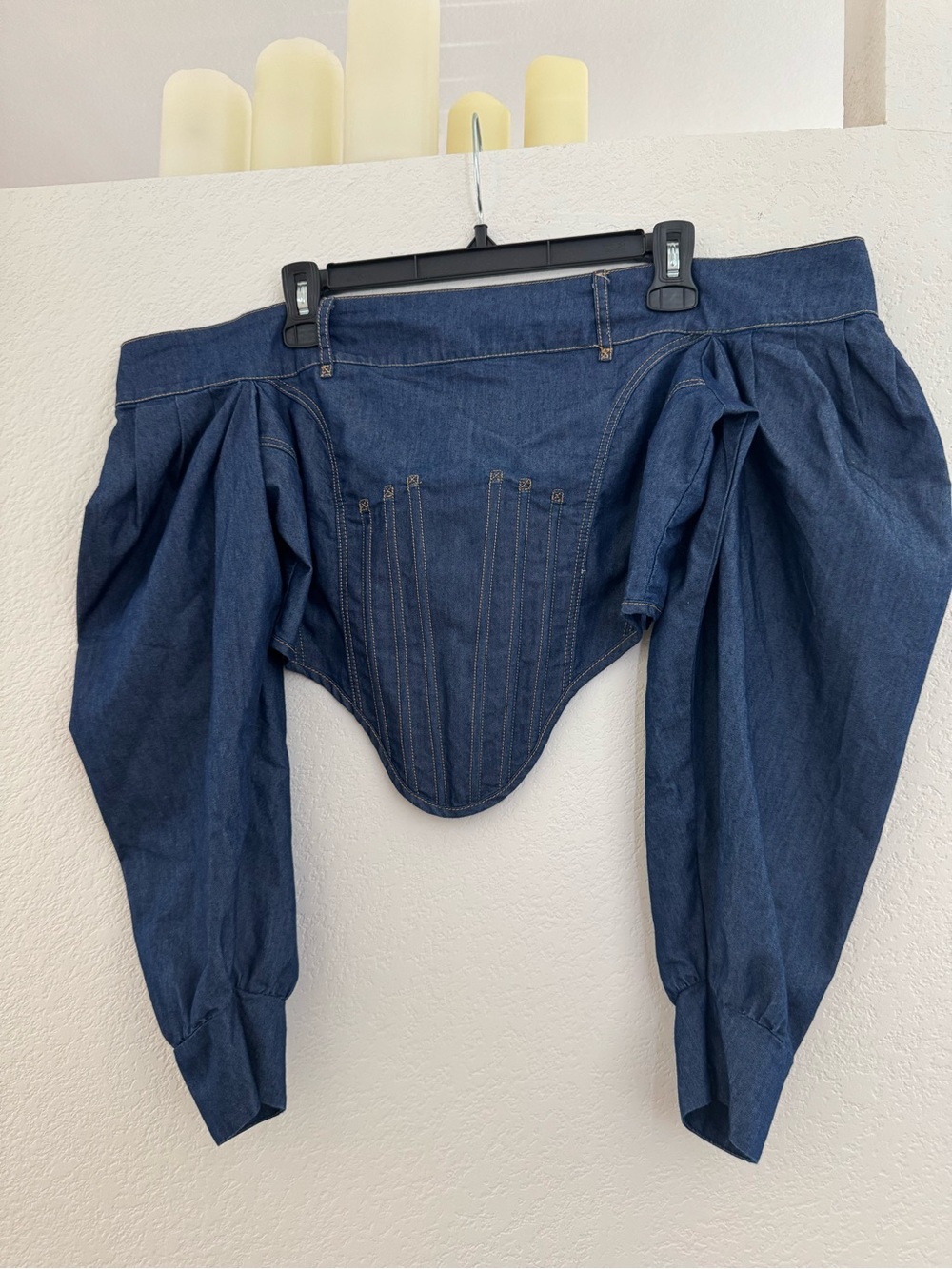 Missguided Dark Blue Denim Corset Top with Puff Sleeves